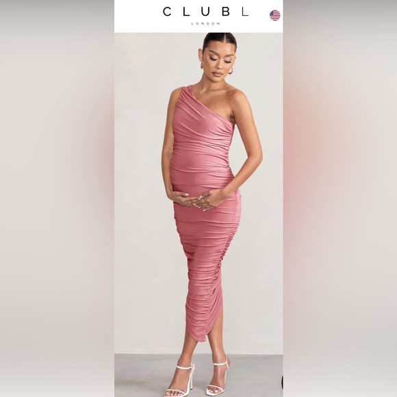 Club L London BLUSH PINK MATERNITY RUCHED ONE SHOULDER MIDI DRESS NWT - Picture 1 of 3